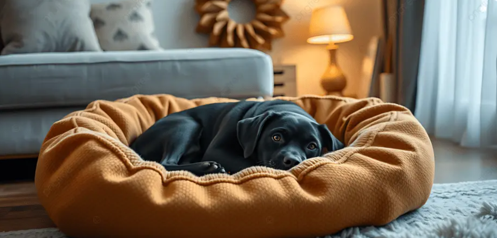 3D mockup of a black labrador resting in a premium mustard-yellow orthopedic pet bed from a domestic Flyxie Vault supplier. This aesthetic pet furniture is part of the [FV-02A] Luxury & Lifestyle leads pack.