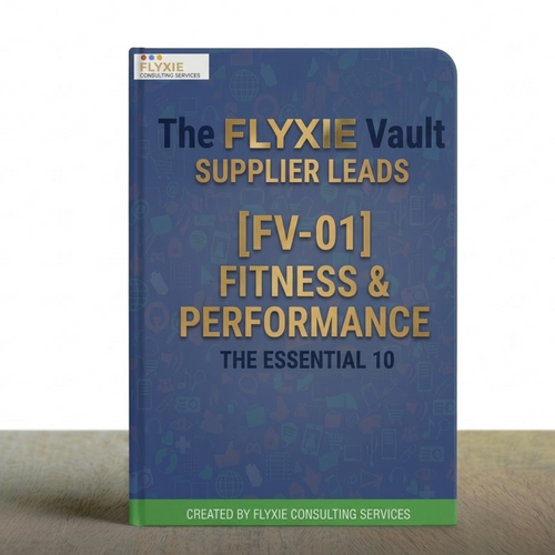 A 3D book mockup of the Flyxie Vault [FV-01] Fitness & Performance Supplier Leads pack. The cover is navy blue with gold 'FLYXIE' lettering, positioned on a wooden table, representing a curated directory of 10 fitness dropshipping suppliers for 2026.